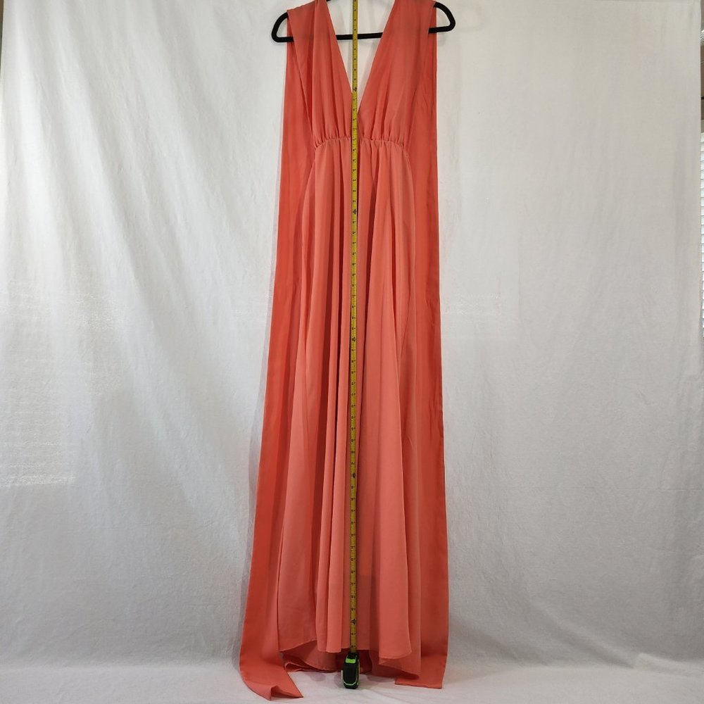 V-Neckline Long Prom Dress  by Studio F Size 8 Coral Color 85% Poly. Worn Once! - Picture 6 of 16